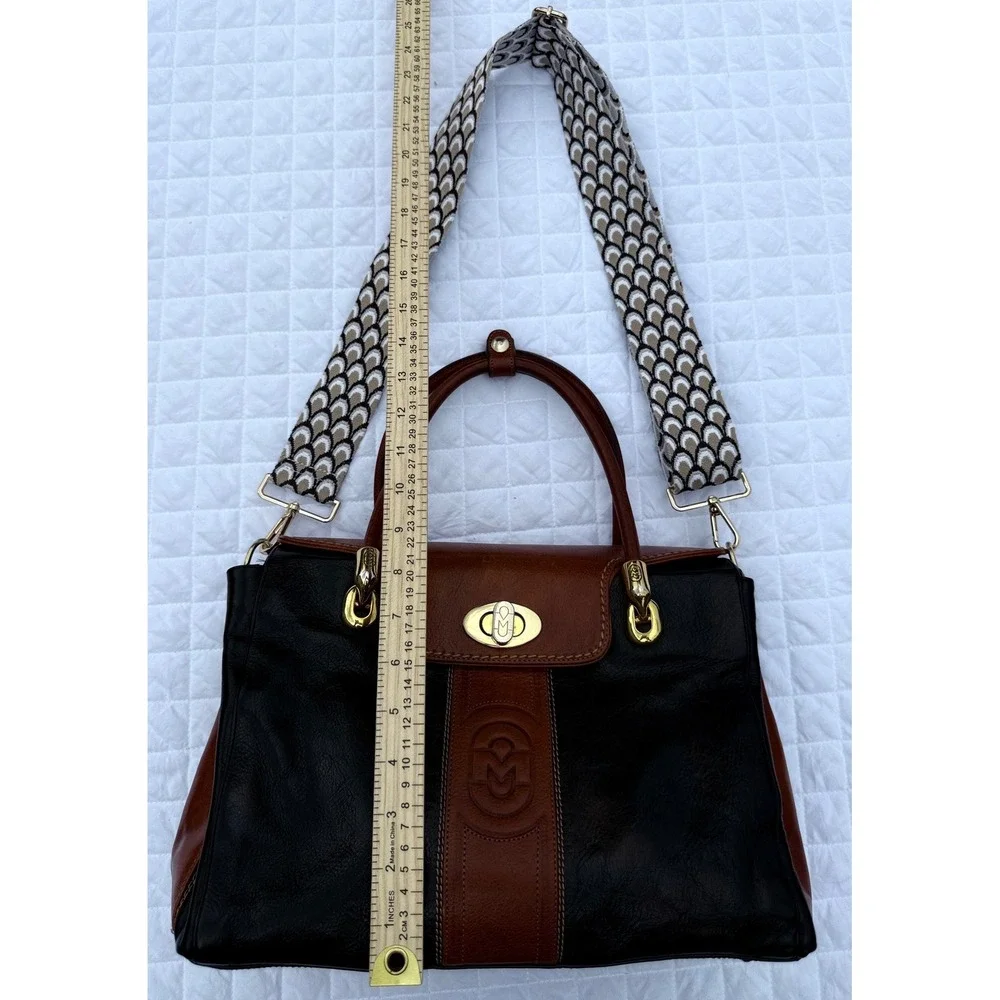 Vintage Marino Orlandi Italian Designer Leather Bag Black Cognac Made in Italy